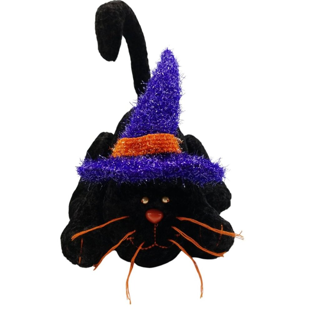 Halloween Black Cat Plush With Purple & Orange Witch Hat Posable Tail